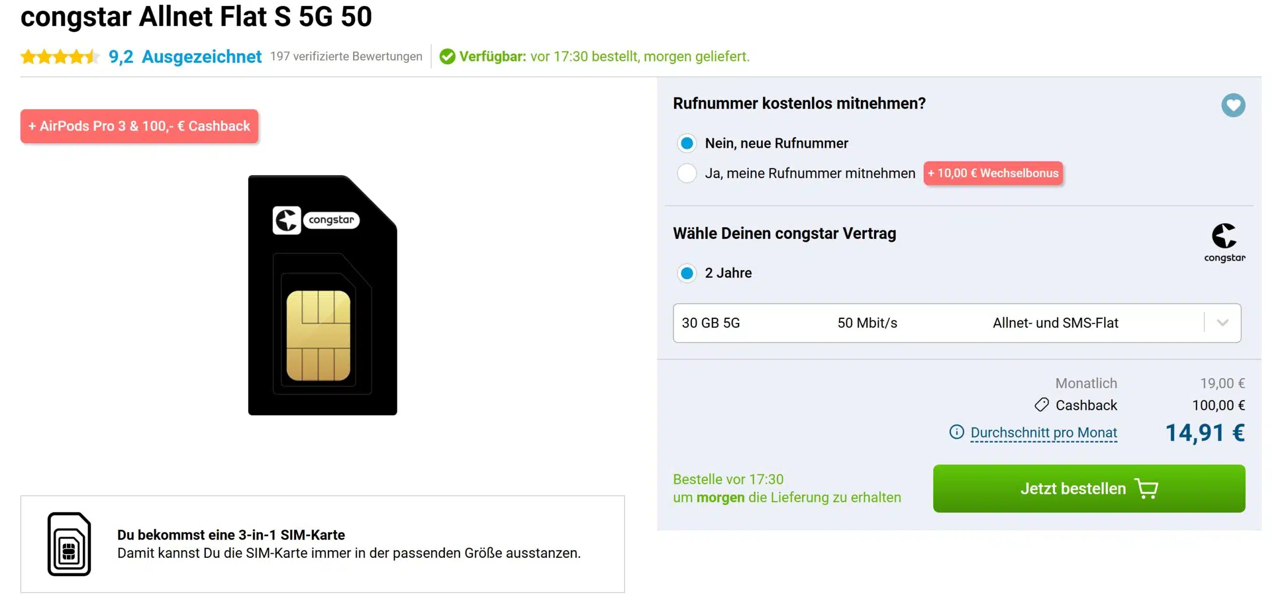 Gomibo Tarif-Angebot mit congstar Allnet Flat S mit 30GB und Apple AirPods Pro 3 dazu