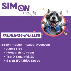 Thumbnail 🦝 SIMon mobile: mtl. kündbare 80GB 5G Vodafone Allnet ab 11,99€ mtl. 🌸 150 Mbit/s Speed + 10GB extra für 6 Monate