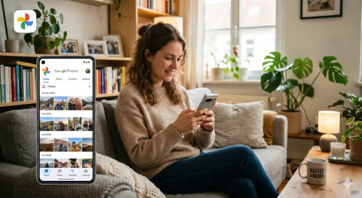 Bild von einer jungen Frau, die im Wohnzimmer sitzt und auf ihr Handy schaut, wo die Google-Photos-App gerade aktiv ist.