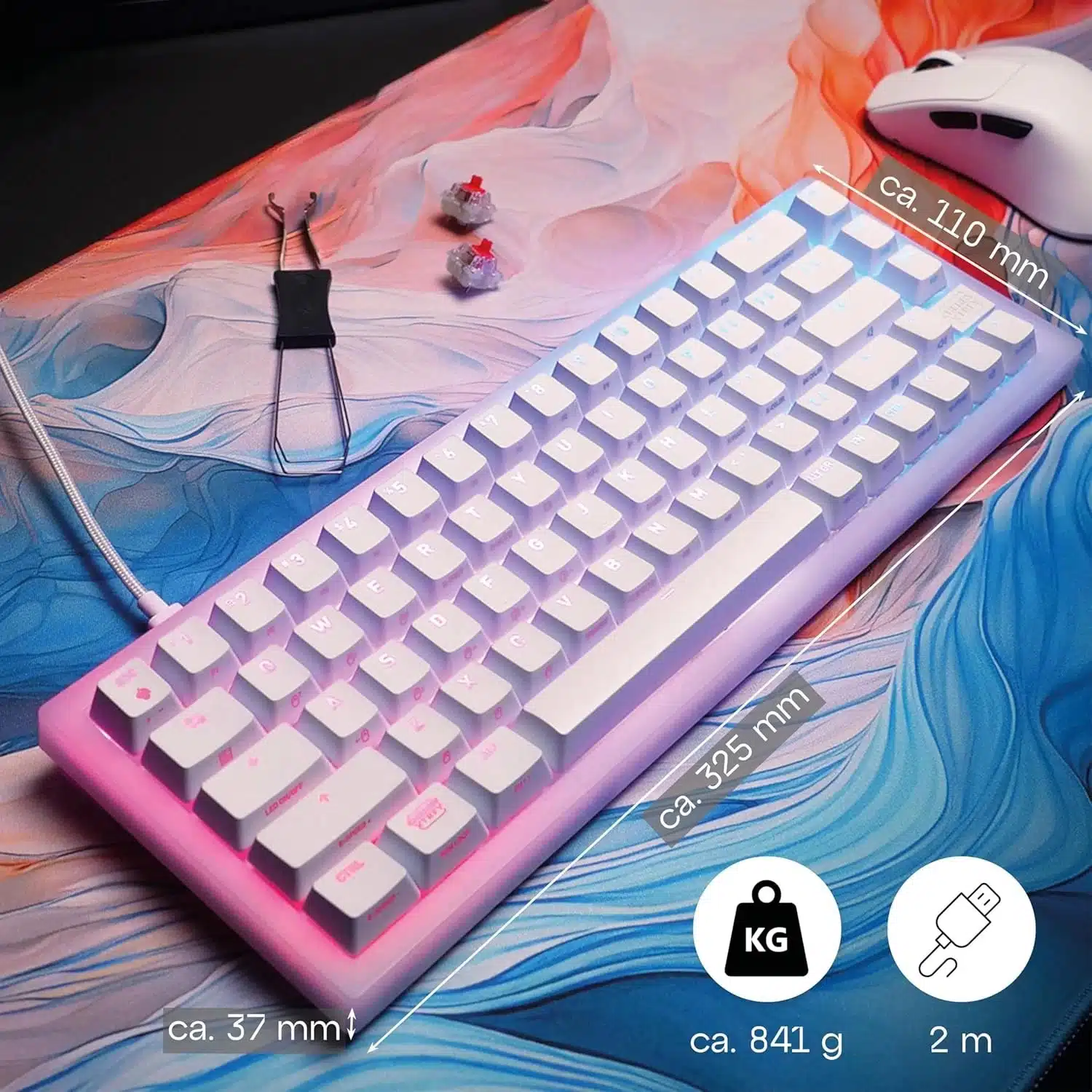 Weiße mechanische Gaming-Tastatur Cherry XTRFY K5V2 mit Maßangaben