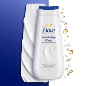 Dove gratis testen bei Unzufriedenheit: Eine Dove Duschcreme im Bild vor blau-weißem Hintergrund