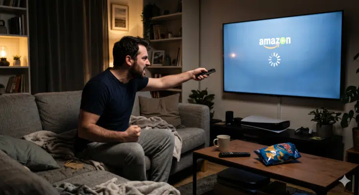 Ein Mann sitzt auf dem Sofa und ist wutentbrannt, sein TV mit FireOS hängt nämlich fest.