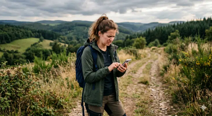 Eine Frau, die auf ihr Handy schaut, in der Natur steht und sich über schlechtes Netz ärgert.
