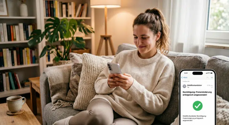 Eine Frau sitzt entspannt daheim auf dem Sofa, ist erleichtert, während sie auf ihr Handy schaut.