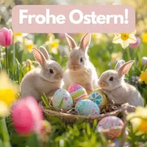 Quadratisches Bild mit drei Osternhasen am mit Eiern gefüllten Nest. Darüber steht "Frohe Ostern!"