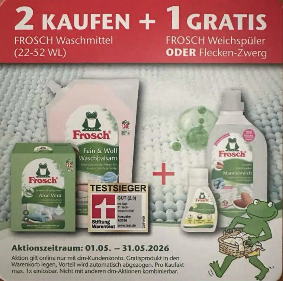 Bei DM: 2 x FROSCH Waschmittel (22-52 WL) kaufen und 1 x FROSCH Weichspler  (22-52 WL) ODER Flecken-Zwerg gratis erhalten