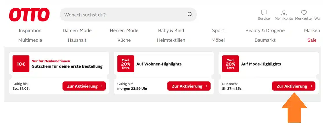 OTTO Angebot auf der Startseite: 20% extra auf Mode-Highlights