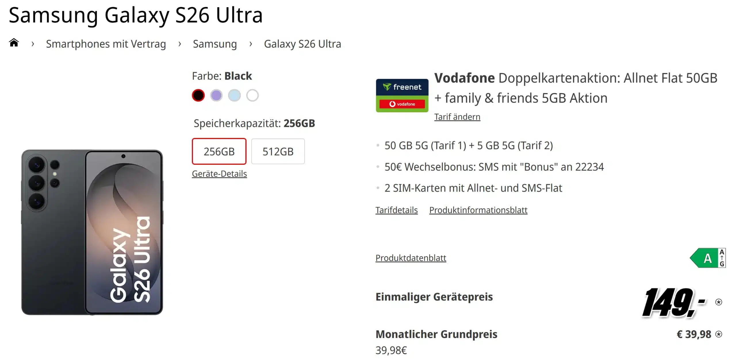 Samsung Galaxy S26 Ultra Tarif in der MediaMarkt Saturn Tarifwelt mit Tarifdetails und Preisen