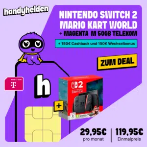 Thumbnail 150€ Cashback und 150€ Wechselbonus 🎮 Nintendo Switch 2 Mario Kart Bundle mit Telekom Vertrag: 50GB 5G Allnet (keine Anschlussgebühr | einmalig: 119,95€ | monatlich: 29,95€)