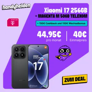 Thumbnail Xiaomi 17 (256GB) für 40€ + 50GB 5G/LTE Allnet für 44,95€/Monat + 150€ Wechselbonus + 150€ Cashback + 0€ AG (freenet Telekom Magenta M)