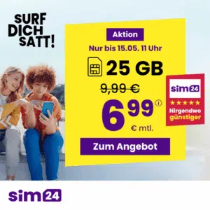 Thumbnail mtl. kündbare 5G Allnet mit 25GB für 6,99€/Monat 💪 uvm. (SIM24 im 1&amp;1-Netz)