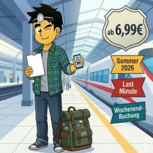 DB Last Minute Ticket: Ein Mann in Freizeitkleidung mit Rucksack und Handy an einem Gleis, an dem ein Zug einfährt