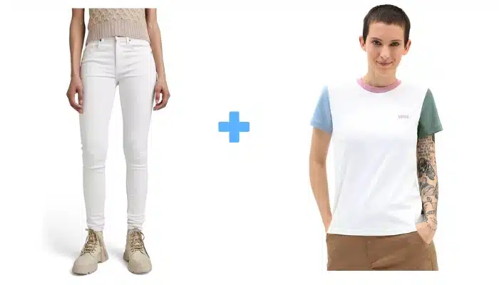 Links weiĂe G-Star-Hose, rechts eine Dame, die ein helles Levi's Shirt trĂ€gt