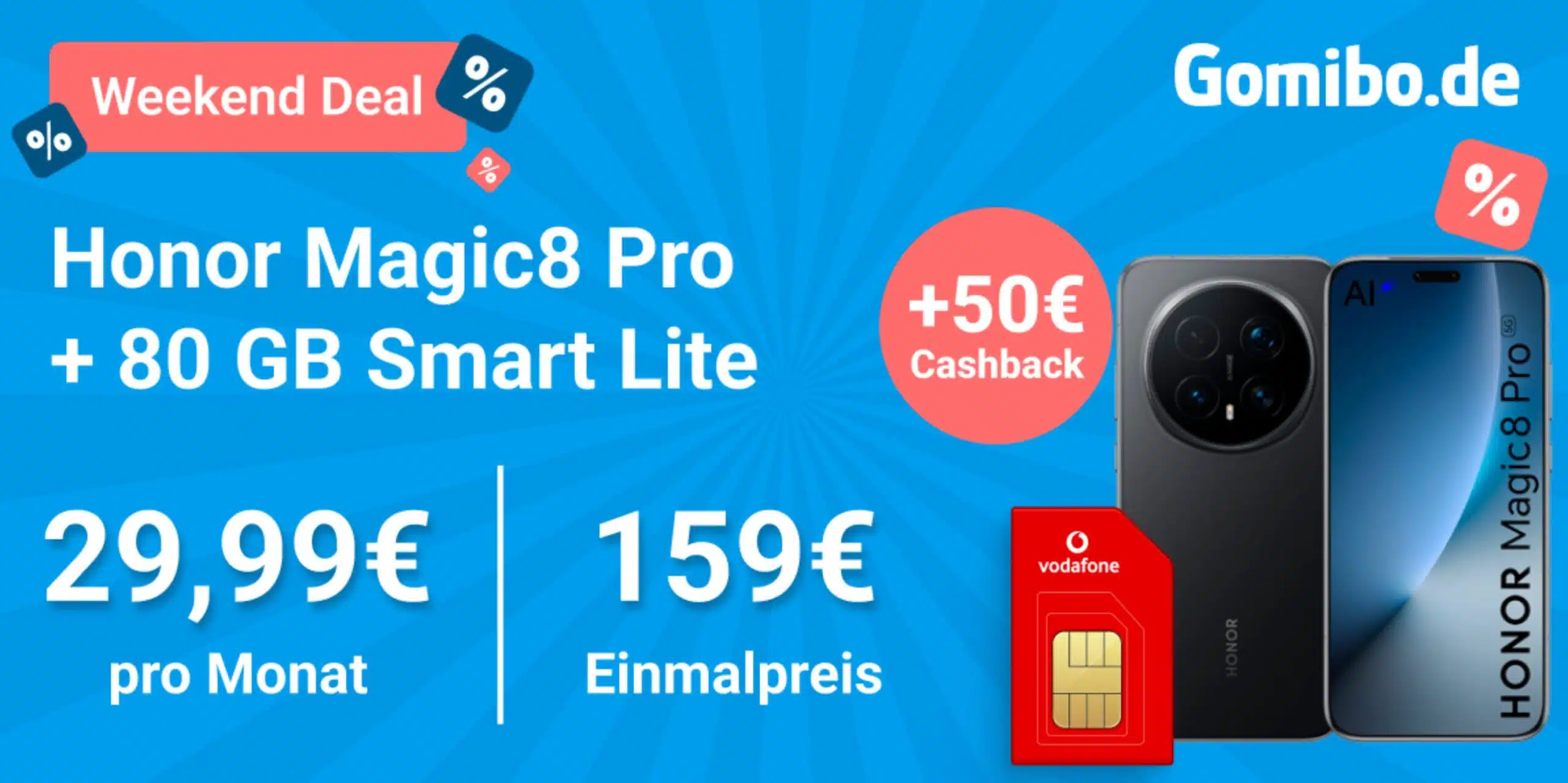 Gomibo Weekend Deal Banner: Honor Magic8 Pro + 80 GB Smart Lite für 29,99€ pro Monat