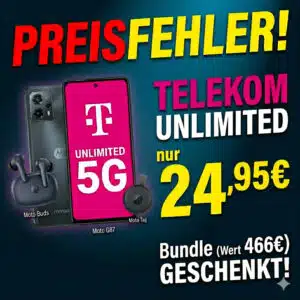 Werbegrafik mit der auffälligen roten Überschrift 'Preisfehler!'. Daneben stehen die Tarif-Details 'Telekom Unlimited nur 24,95€' und 'Bundle (Wert 466€) geschenkt!'. Als Bundle-Hardware sind links ein Motorola Moto G87 Smartphone mit dem Telekom-Logo auf dem Display, kabellose Moto Buds Kopfhörer und ein Moto Tag Tracker abgebildet.