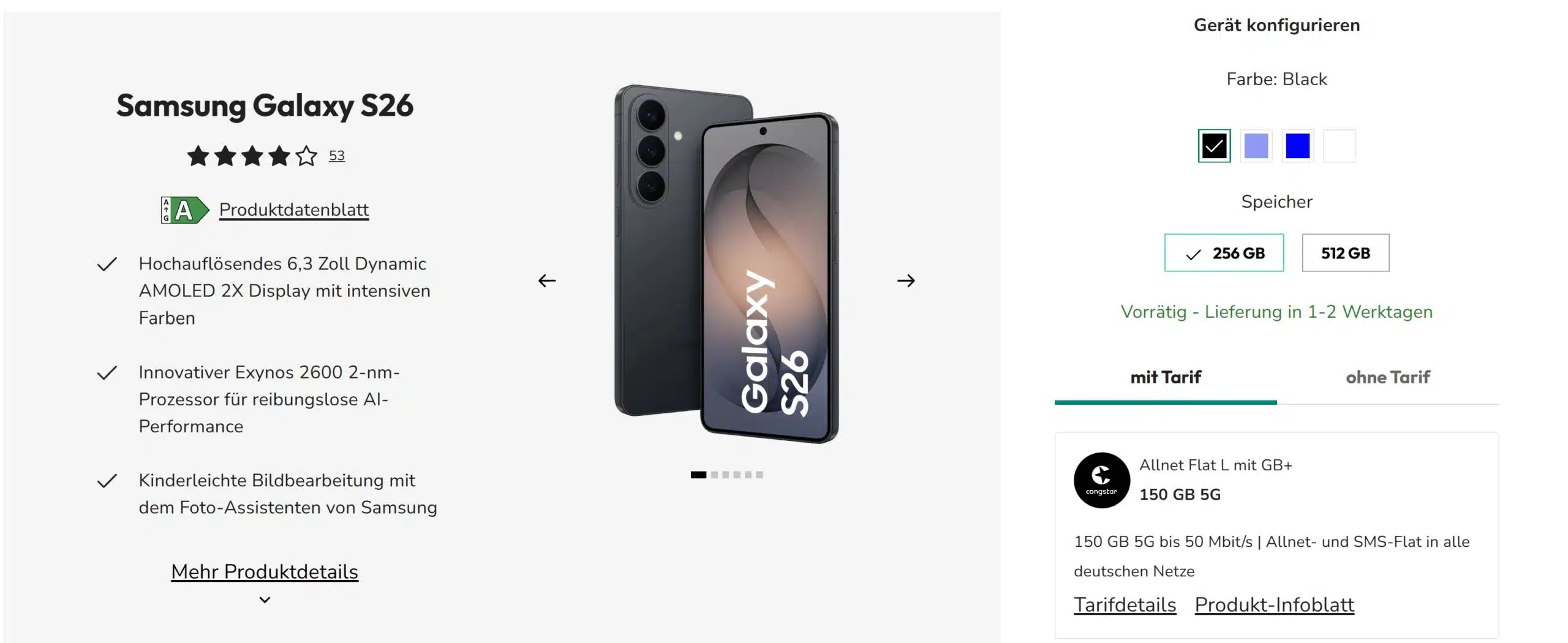Tarif bei Sparhandy mit dem Samsung Galax S26 und 150GB Telekom congstar Tarif