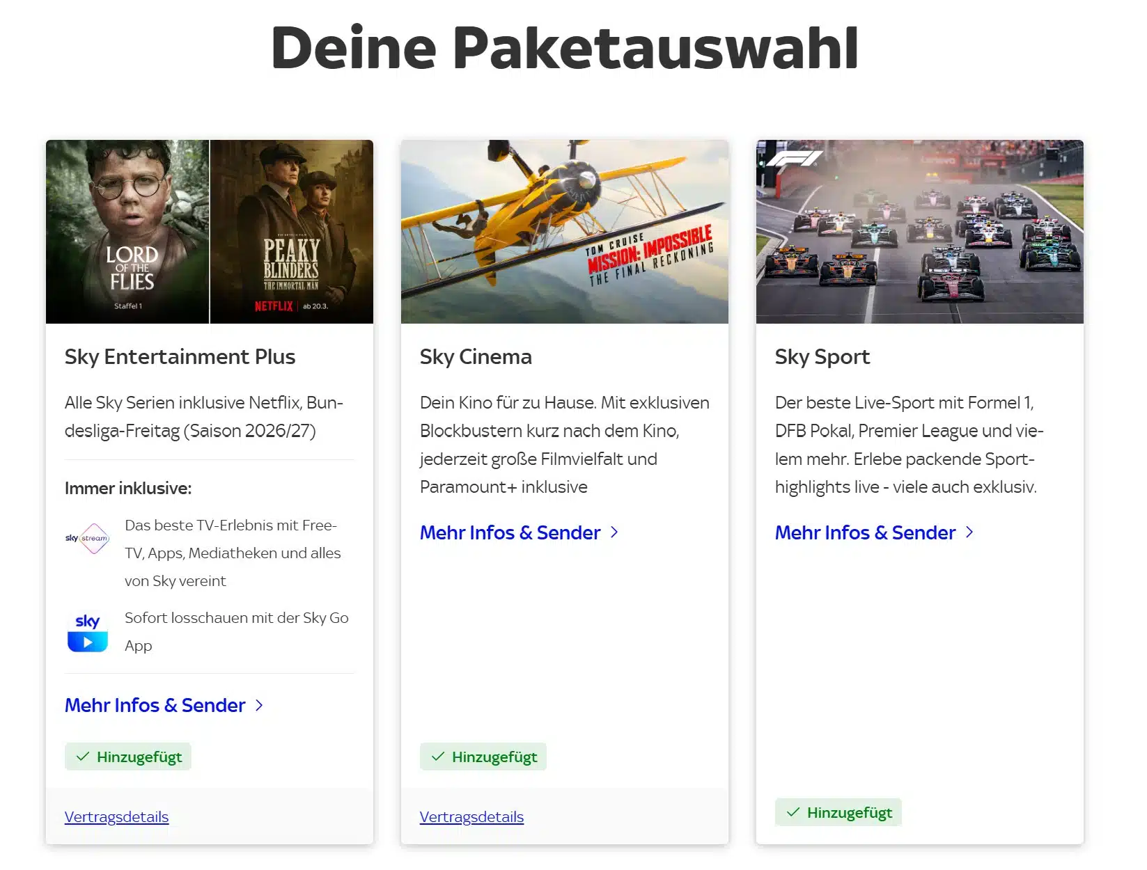 Paketauswahl bei Sky mit verschiedenen Paketen