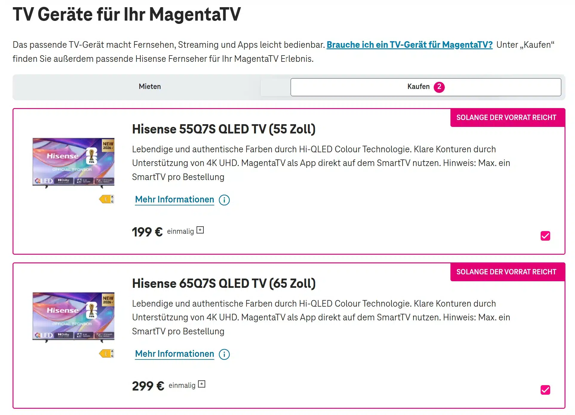 TV Geräte für MagentaTV im Bestellprozess von der Telekom