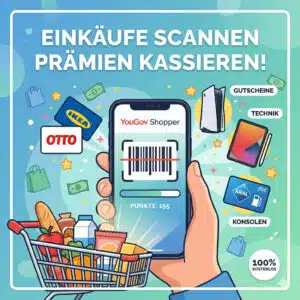 Quadratische Werbegrafik zu YouGov Shopper: Einkäufe scannen - Prämien kassieren!