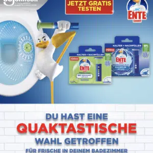 WC Ente gratis testen: Bild von einer Ente auf dem Toilettensitz, daneben die Aktionsprodukte