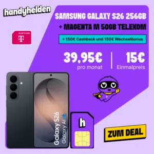 Thumbnail Samsung Galaxy S26 (256GB) für 15€ + 50GB LTE/5G Allnet für 39,95€/Monat + 150€ Cashback + 150€ Wechselbonus + 0€ AG (Freenet Telekom Magenta M)