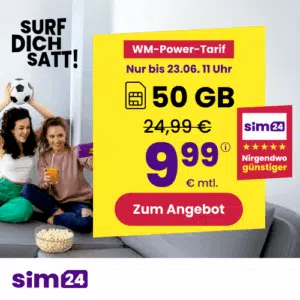 Thumbnail mtl. kündbare 5G Allnet mit 50GB für 9,99€/Monat 💪 uvm. (SIM24 im 1&amp;1-Netz)