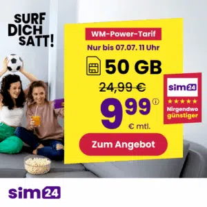 Thumbnail mtl. kündbare 5G Allnet mit 50GB für 9,99€/Monat 💪 uvm. (SIM24 im 1&amp;1-Netz)