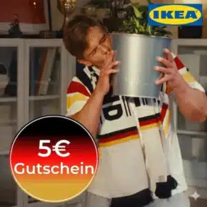 Mann im Deutschlandtrikot, der Topfpflanze küsst, unten links steht "5€ Gutschein", oben rechts IKEA-Logo