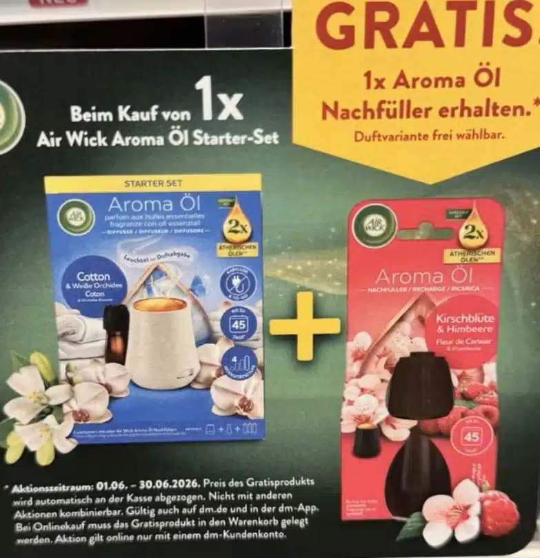 Dm: Beim Kauf von Air Wick Aroma Öl Starterset 1 Aroma Öl Nachfüller gratis