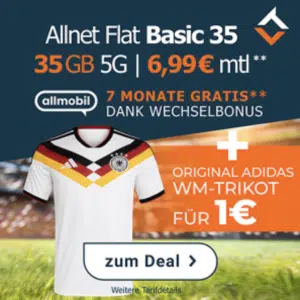 Tarif-Knaller! 🎉 35GB 5G Allnet-Flat im Vodafone-Netz für dauerhaft nur 6,99€/Monat + DFB-Heimtrikot 🇩🇪 + 50€ Wechselbonus (allmobil Flat M)