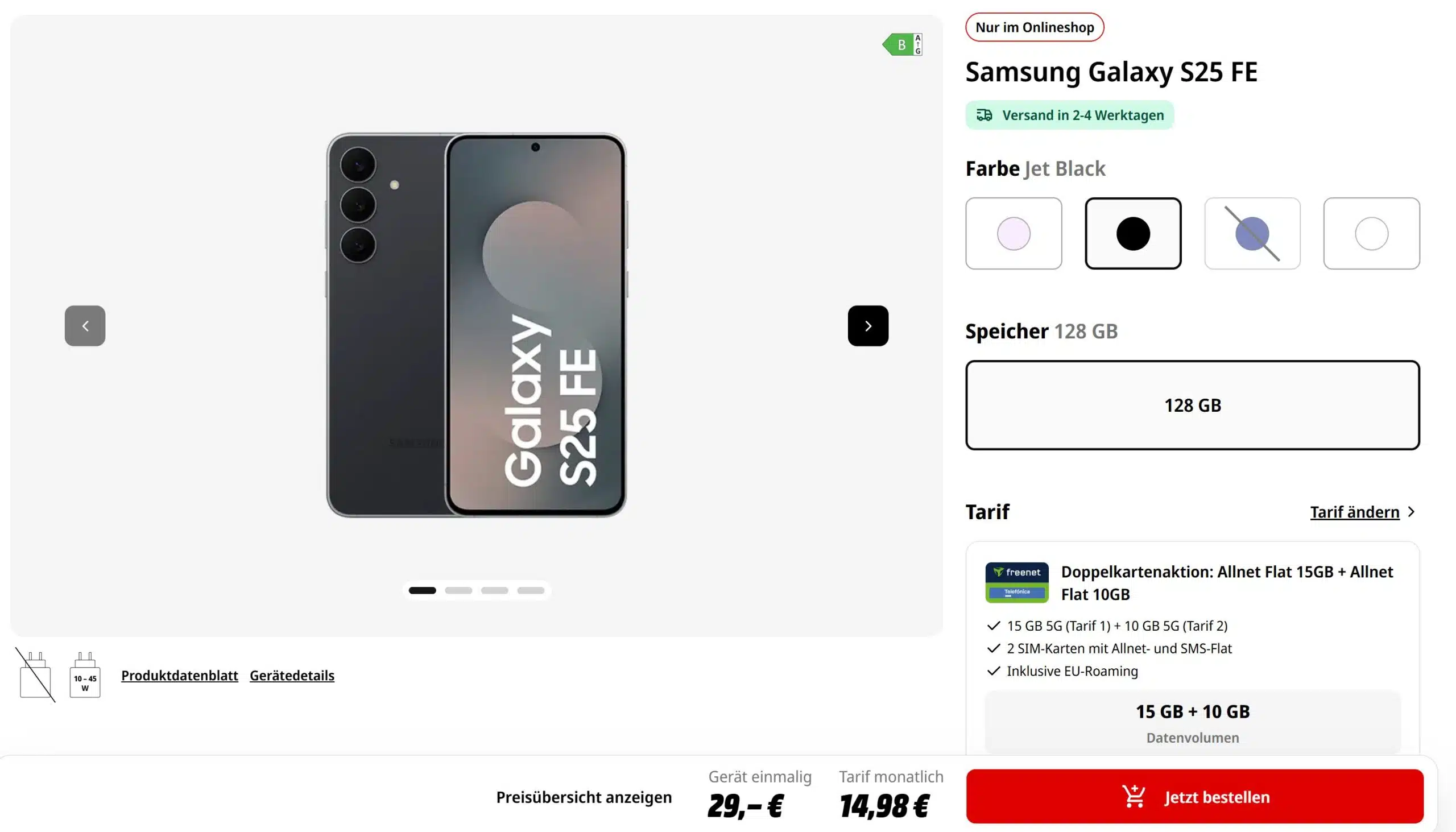 Tarifangebot bei MediaMarkt Tarifwelt mit Galaxy S25 FE und Telefonica Doppelkartenaktion
