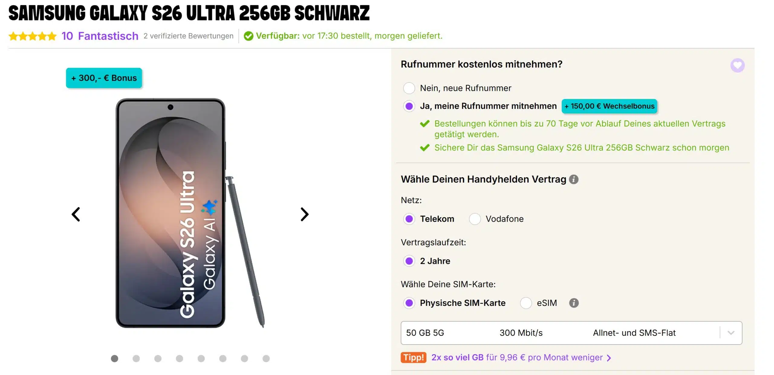 Galaxy S26 Ultra Tarif-Angebot bei Handyhelden mit Telekom Magenta M mit 50 GB 