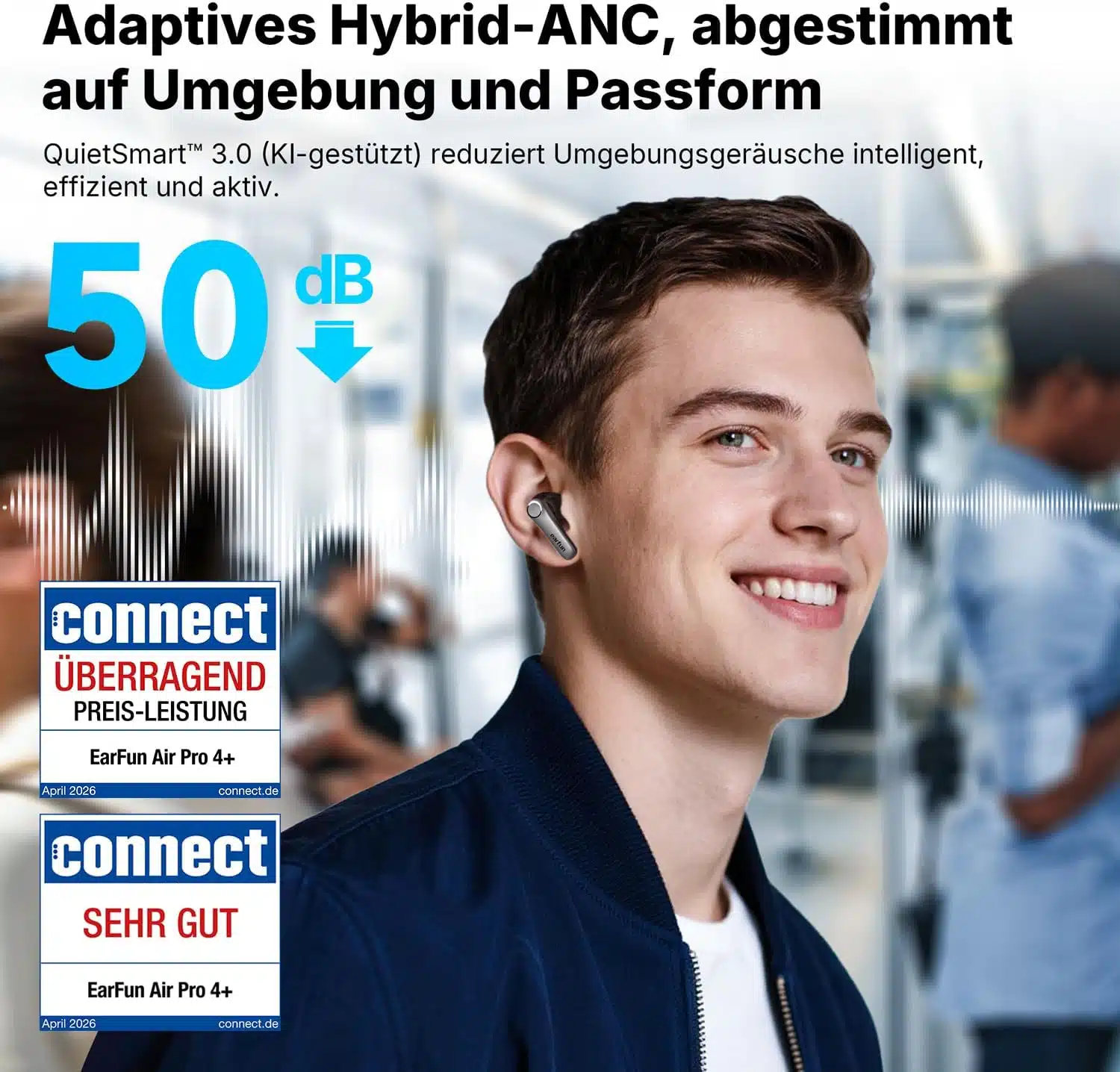 Adaptives Hybrid-ANC der EarFun Air Pro 4+ mit bis zu 50 dB