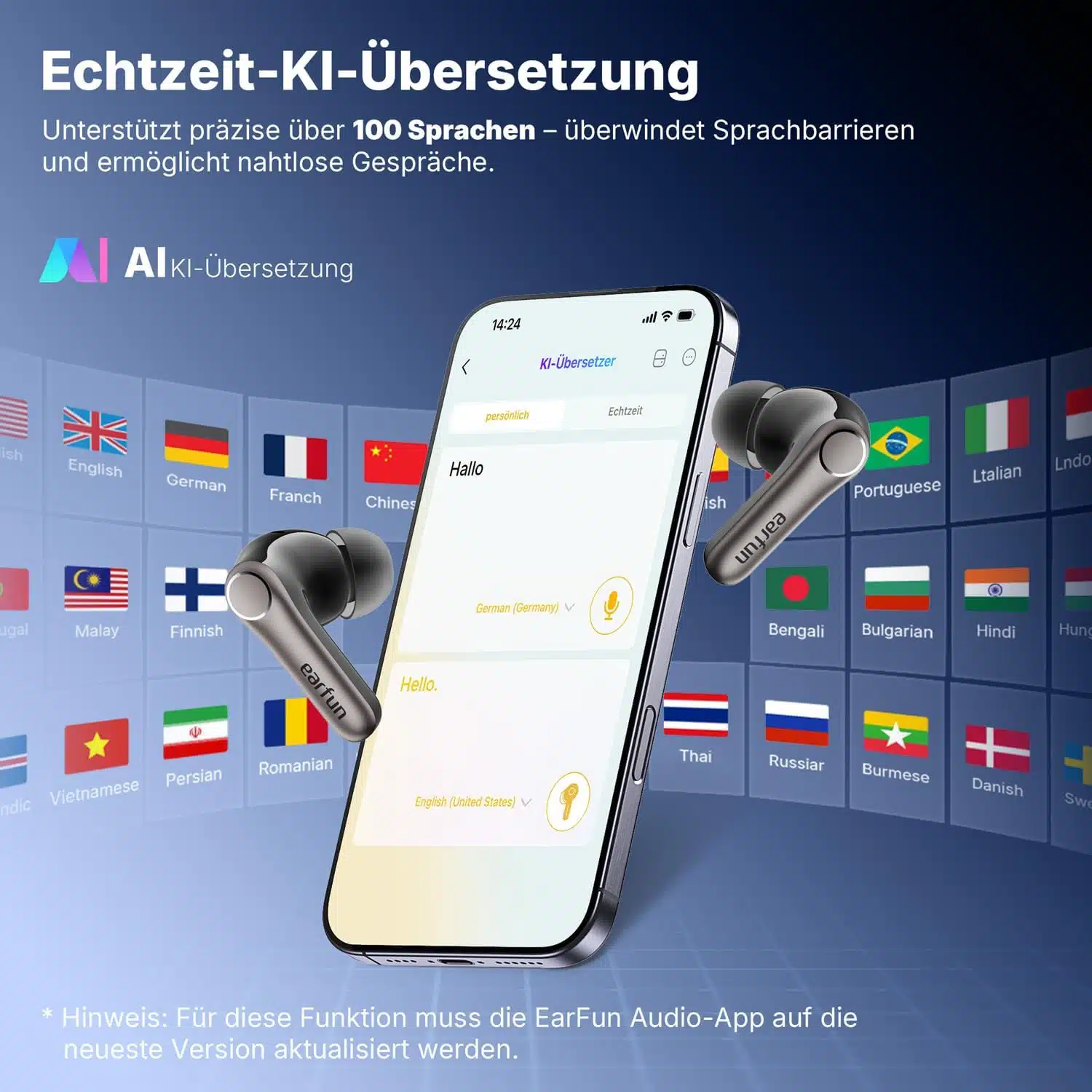KI-Echtzeit-Übersetzung der EarFun Air Pro 4+ für über 100 Sprachen