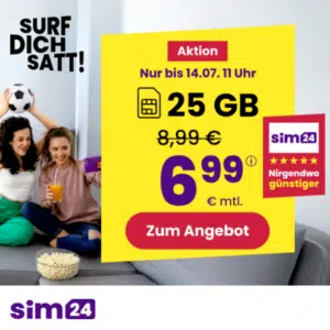 Thumbnail mtl. kündbare 5G Allnet mit 25GB für 6,99€/Monat 💪 uvm. (SIM24 im 1&amp;1-Netz)