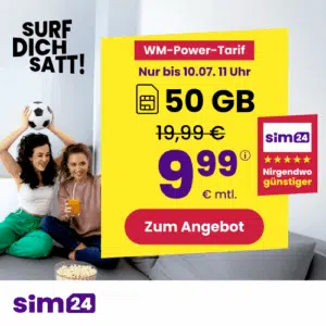 Thumbnail mtl. kündbare 5G Allnet mit 50GB für 9,99€/Monat 💪 uvm. (SIM24 im 1&amp;1-Netz)