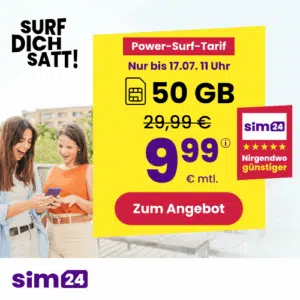 Thumbnail mtl. kündbare 5G Allnet mit 50GB für 9,99€/Monat 💪 uvm. (SIM24 im 1&amp;1-Netz)