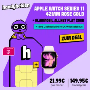 Thumbnail Fetter 300€ Bonus: Apple Watch 11 im starken 20GB Telekom-Netz für nur 21,99€/Monat