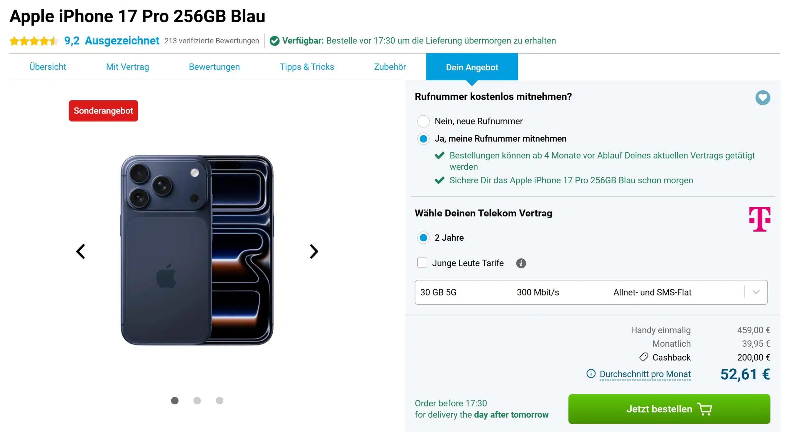 Tarif-Angebot bei Gomibo: Apple iPhone 17 Pro mit Telekom-Tarif