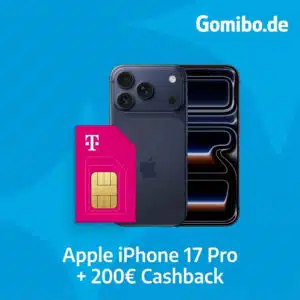 Quadratisches Bild, Apple iPhone 17 Pro + 200€ Cashback, Telekom-Sim-Karte, oben links "Gomibo.de"