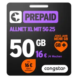 Thumbnail 3,5 Monate eff. gratis 🤑 Congstar Prepaid Allnet XL: 50GB 5G für 16€/4 Wochen + 56€ Startguthaben