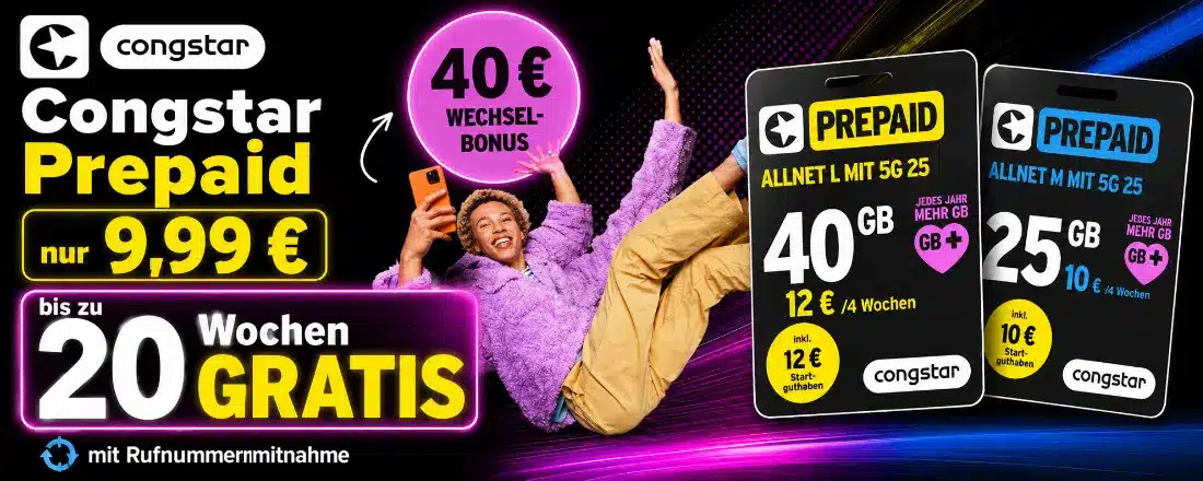 Banner von Congstar mit Prepaid Tarifen und Preisen