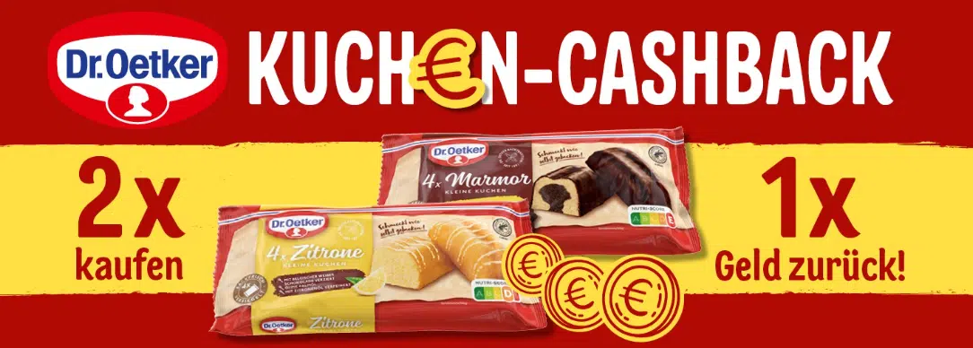Dr. Oetker Cashback: Banner zum Kuchen-Cashback in Rot und Gelb mit Abbildung von 2 kleinen Dr. Oetker Kuchen