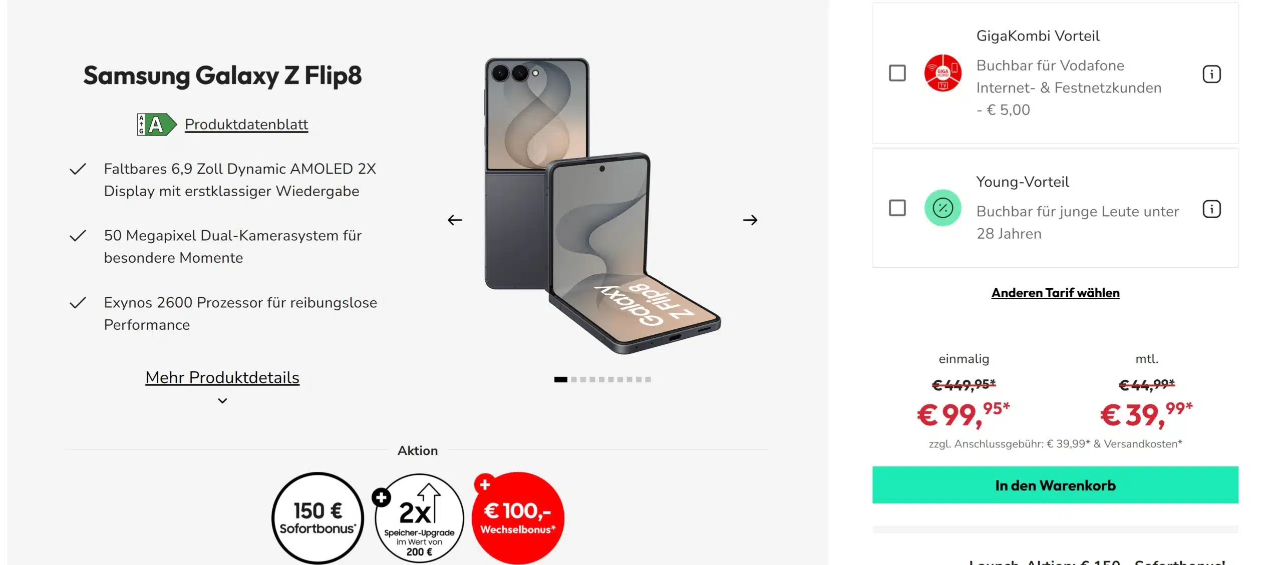 Screenshot einer Bestellseite für das Samsung Galaxy Z Flip8. Links stehen Produkt-Highlights wie das 6,9 Zoll Display, die 50 Megapixel Kamera und der Exynos 2600 Prozessor. Mittig ist das Smartphone zusammengeklappt und halb geöffnet abgebildet. Darunter werden drei Aktions-Boni gezeigt: 150 € Sofortbonus, 2x Speicher-Upgrade und 100 € Wechselbonus. Rechts befinden sich Optionen für GigaKombi- und Young-Vorteil sowie die Preisübersicht: einmalig 99,95 € (statt 449,95 €) und monatlich 39,99 € (statt 44,99 €) über einem auffälligen grünen 'In den Warenkorb'-Button.