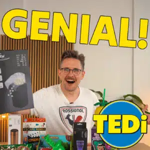 Geniale Tedi-Angebote, in der Mitte Lucas mit Produkten von Tedi