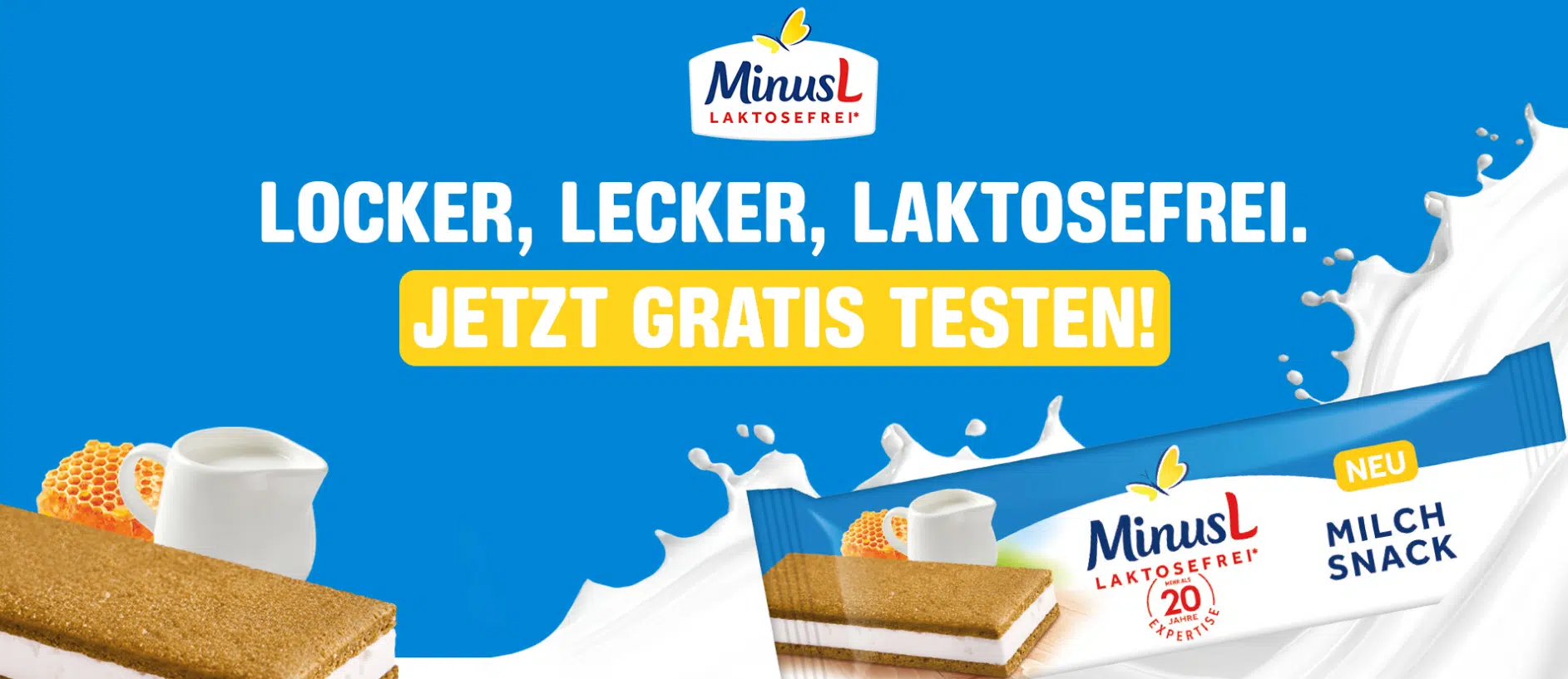 MinusL Milchsnack gratis testen Aktion: Banner mit blauem Hintergrund mit dem MinusL Milchsnack, einem weiĂen MilchkĂ€nnchen und einer Welle Milch