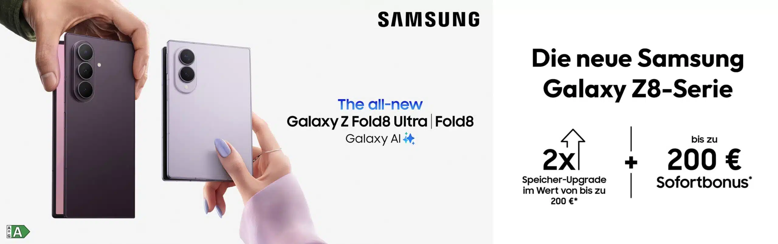 Ein Werbebanner von Samsung für die neue Galaxy Z8-Serie. Der zentrierte Text auf Deutsch lautet: