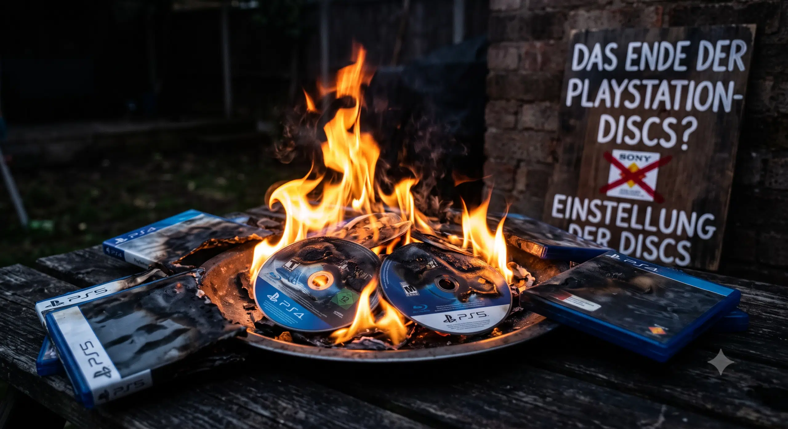 PlayStation 4 und PlayStation 5 Spiele, werden verbrannt. Dazu hängt im Hintergrund ein Holzschild mit der Aufschrift „Das Ende de PlayStation-Discs? Einstellung der Discs