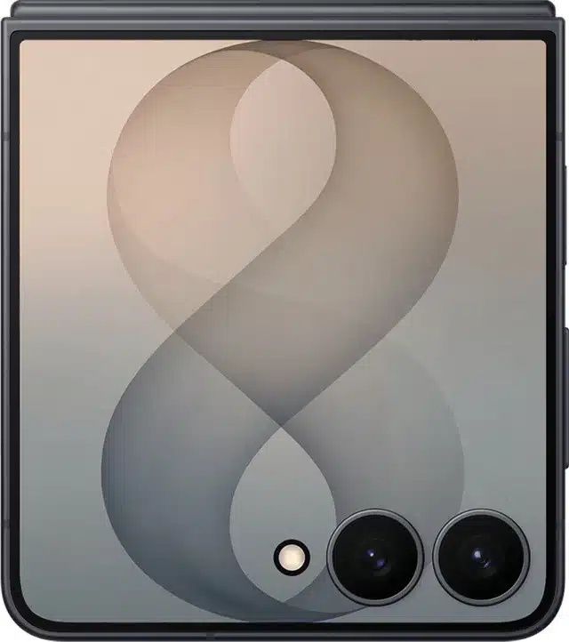 Frontansicht des geschlossenen Samsung Galaxy Z Flip8 in der Farbe Graphite. Das große, nahezu rahmenlose Außendisplay zeigt ein abstraktes, geschwungenes Hintergrundbild in Form einer Acht mit sanftem Farbverlauf. Unten rechts im Display sind zwei nebeneinanderliegende Kameralinsen sowie ein kleiner LED-Blitz integriert.