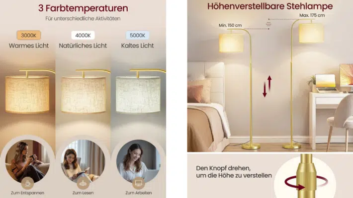 Vasagle Stehleuchte höhenverstellbar 150-175cm mit Fußtaster